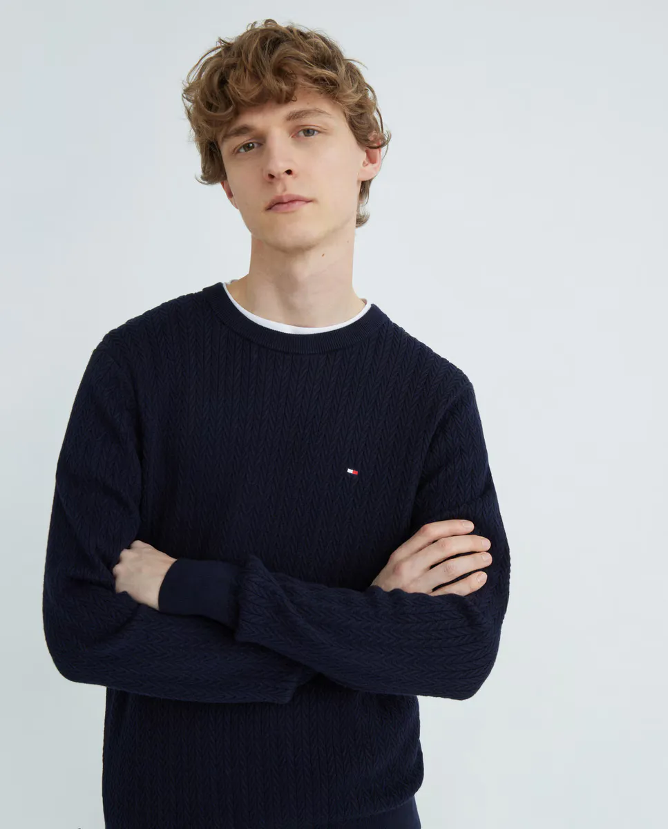 

Мужской хлопковый свитер с круглым вырезом и узором «ёлочка» Tommy Hilfiger, темно-синий