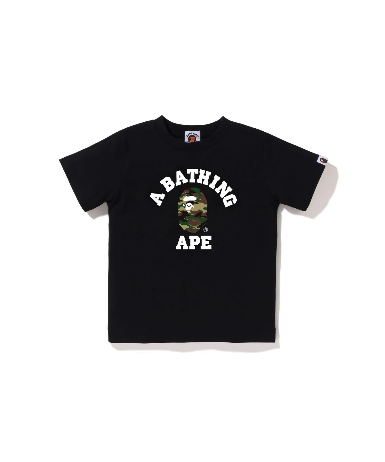 Детская футболка с камуфляжным принтом GLITCH WOODLAND CAMO COLLEGE TEE A BATHING APE чёрно-зелёная