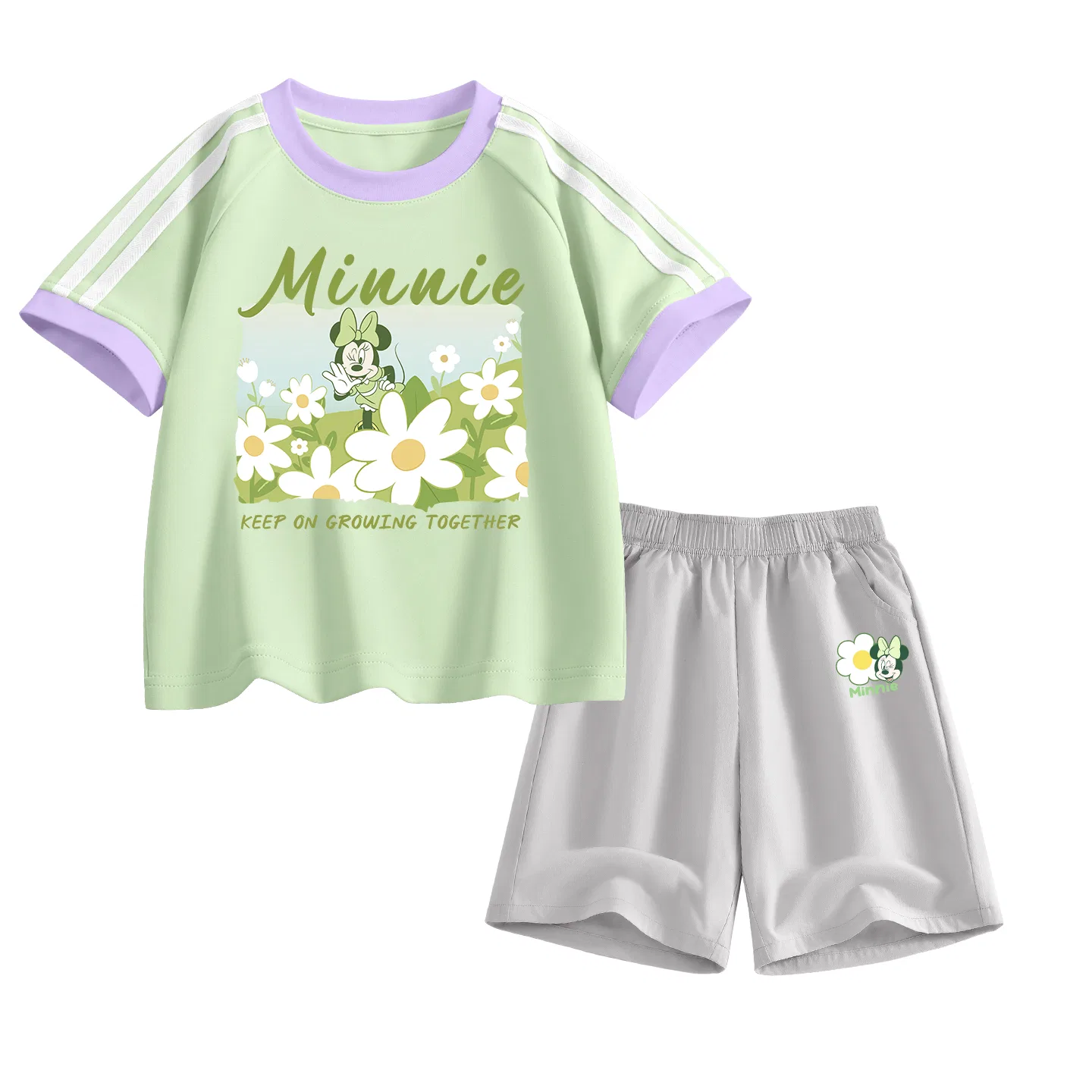 Детский спортивный костюм Disney Kids Casual Sportswear Crew Neck Thin Stretch Breathable, светло-зеленый с цветочным принтом и серый