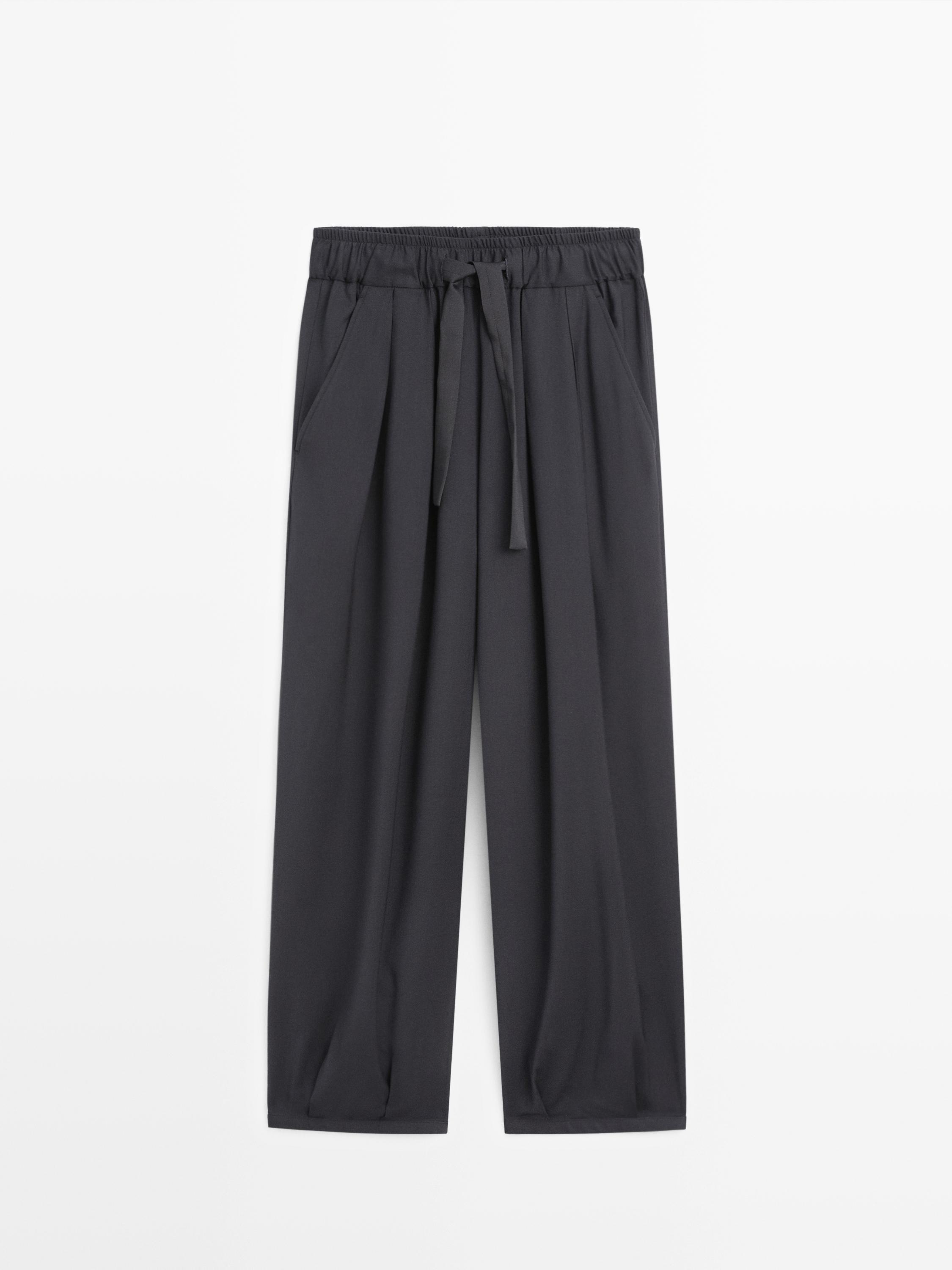 Объемные плиссированные брюки с широкими штанинами Massimo Dutti, navy blue — фото 2