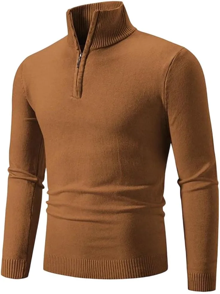 

Мужской свитер с четвертью молнии, утолщенный лацкан, однотонный, slim fit, вязаный