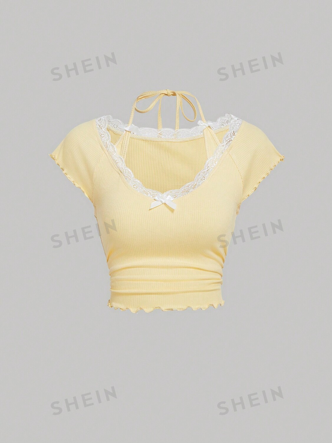 

Футболка кружевная женская Shein Mod с завязками на шее и бретельками, желтый