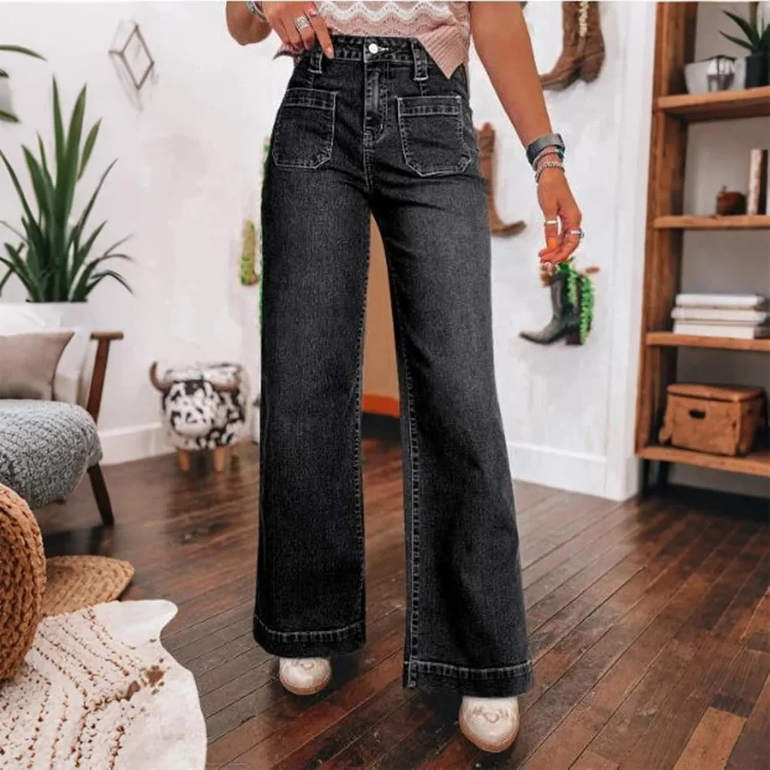 Джинсы широкие Women's Casual High Waisted Jeans, черный — фото 2