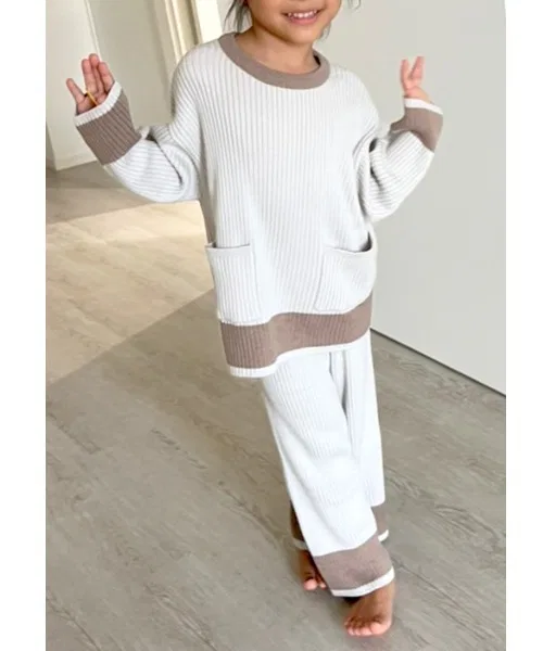 Комплект детской пижамы Contrast Rib Knit Top & Wide Pants Set, бежевый — фото 3