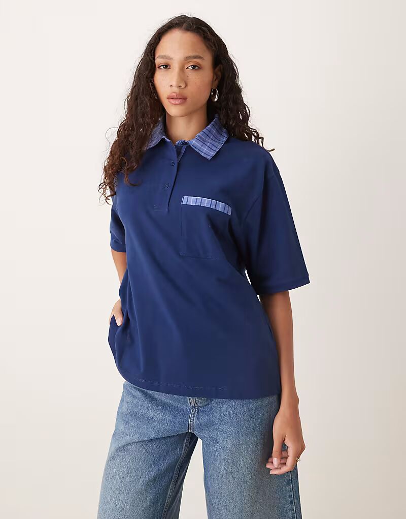 

Футболка-поло свободного кроя с контрастной вставкой темно-синего цвета Asos Design