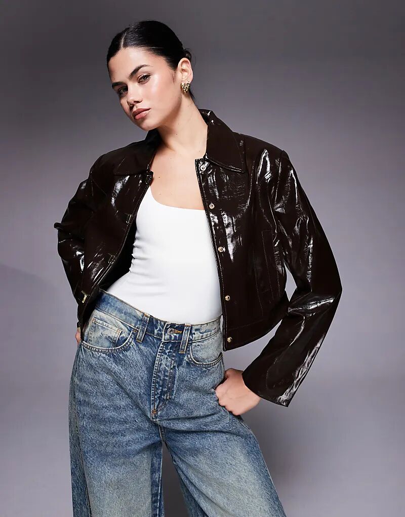 

Куртка-харрингтон River Island из искусственной кожи с крокодиловой кожей темно-коричневого цвета