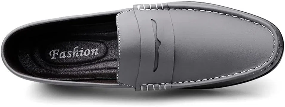 Лоферы кожаные Mens Loafers Penny Loafers Round Toe Simple Leather Anti-Slip Flexible Flat Heel Classic Slip-on, Серый SayfuR — фото 4