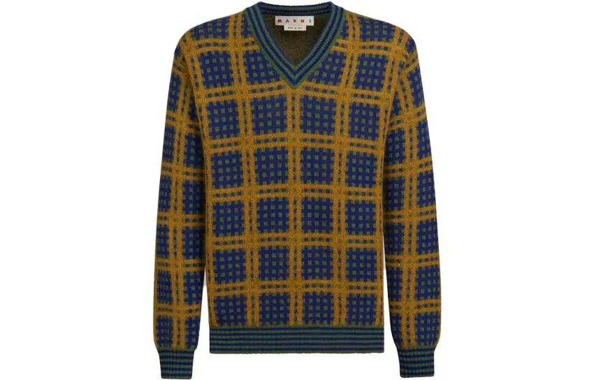 

V-образный вырез клетчатый вязаный джемпер MARNI, зеленый