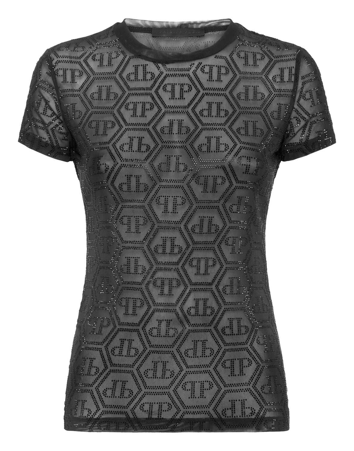 

Футболка из тюля с принтом страз и монограммой Philipp Plein, черный