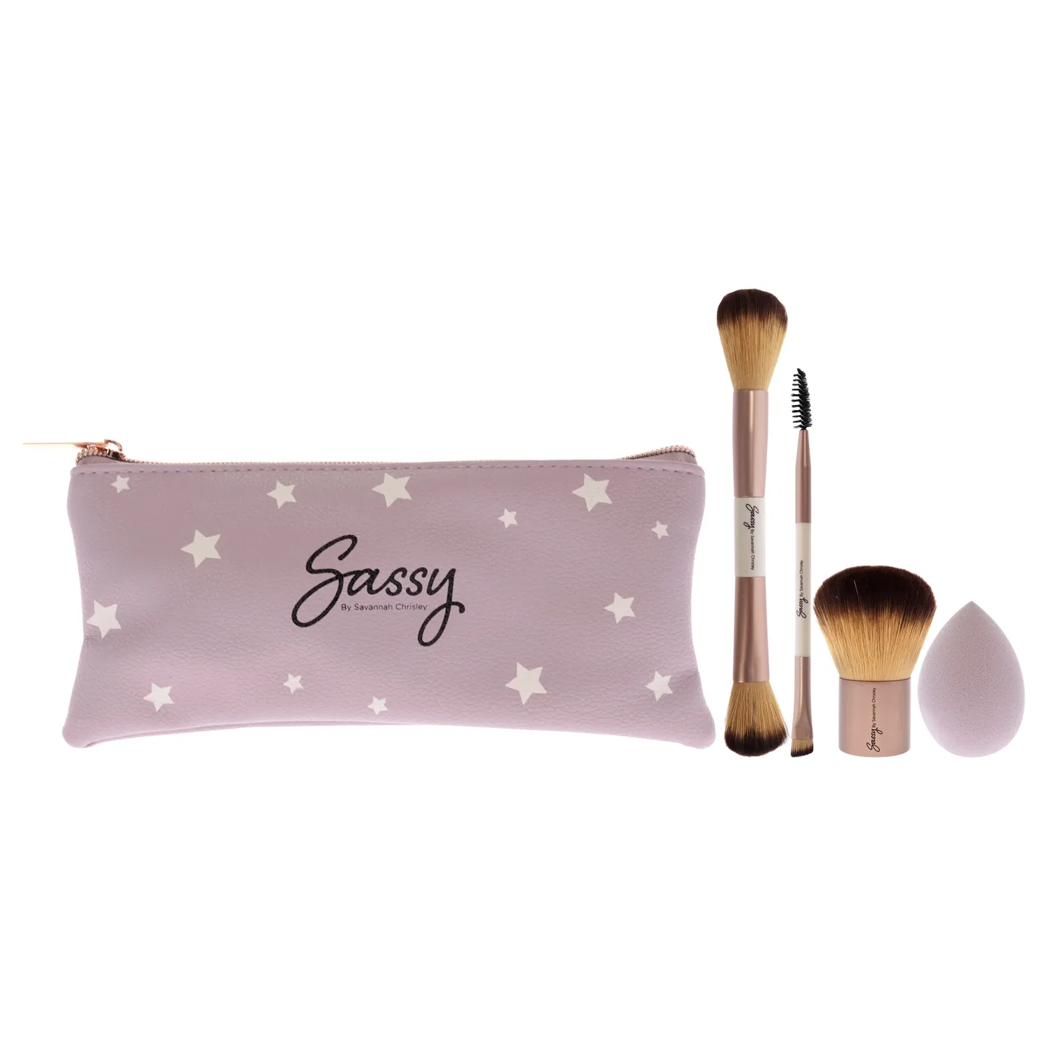 Набор кистей Sassy Brush Kit от Savannah Chrisley для женщин - 5 предметов: кисть для растушевки - F04, кисть кабуки - F05, прецизионная кисть для глаз и бровей - E04, спонж для растушевки, косметичка Sassy by Savannah Chrisley, мультиколор