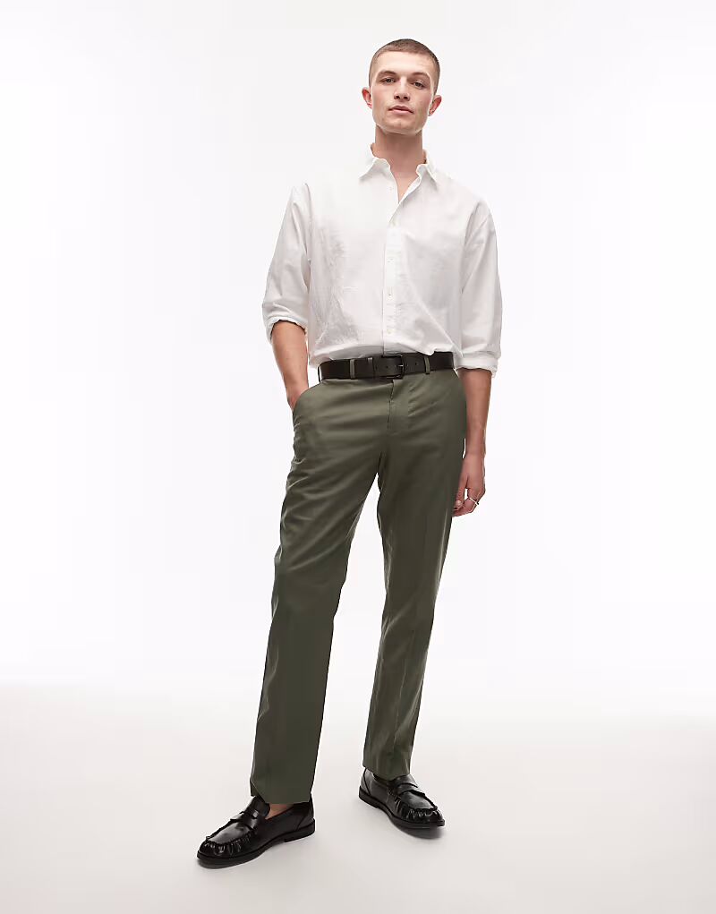 

Костюмные брюки прямого кроя Topman из льняной смеси цвета хаки