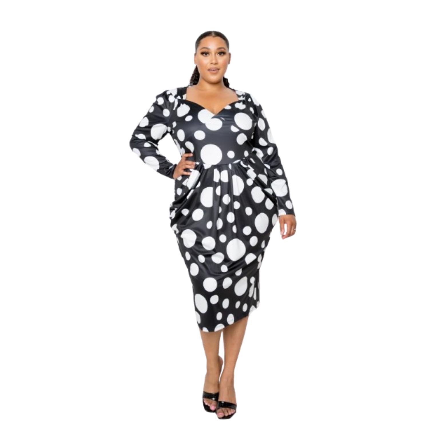 

Платье миди в горошек с заниженной талией и сборками FASHNZFAB, цвет white dot