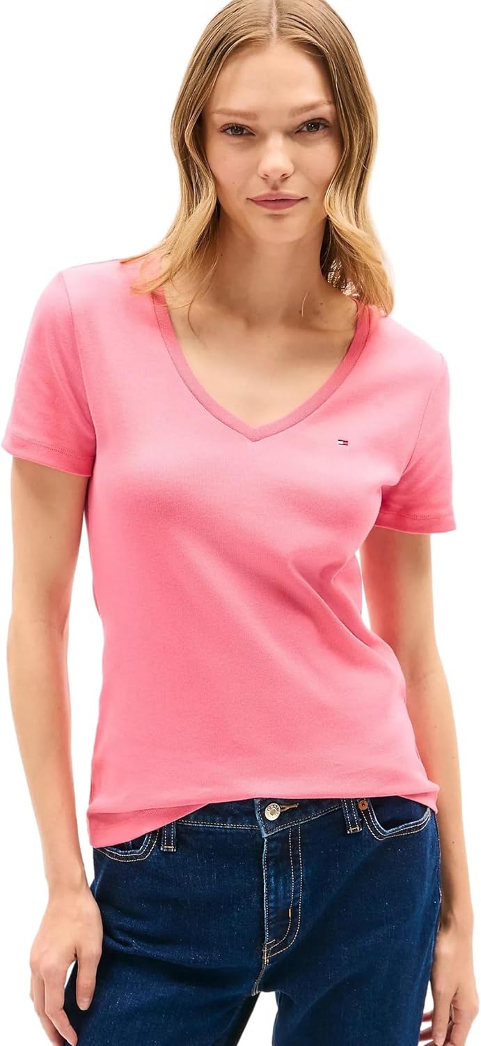 

Женская футболка Tommy Hilfiger с коротким рукавом и V-образным вырезом, однотонная хлопковая, Garden Rose, Розовый, Женская футболка Tommy Hilfiger с коротким рукавом и V-образным вырезом, однотонная хлопковая, Garden Rose