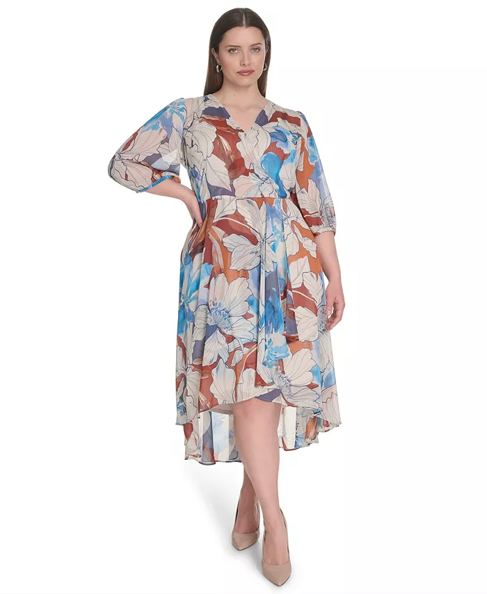 

Платье миди из шифона с рукавом 3/4 для полных Calvin Klein, мультиколор