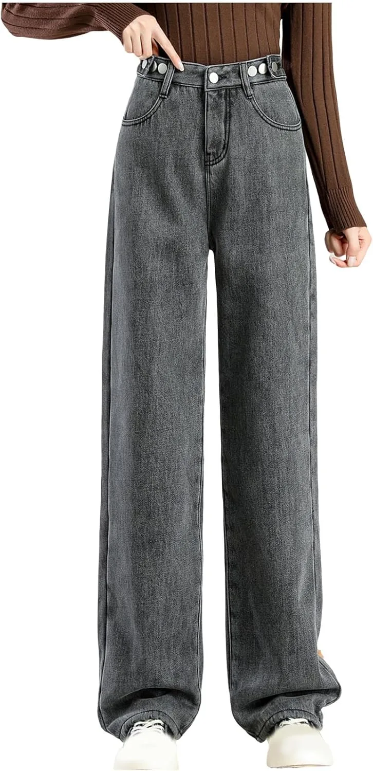 

Женские джинсы с высокой посадкой, утепленные флисом, прямые