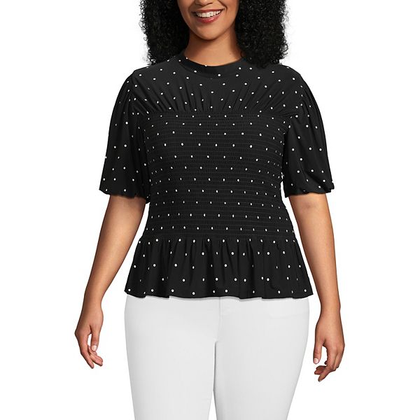 

Топ с коротким рукавом и сборкой на горловине, размер plus size Lands' End, Black Ivory Dot