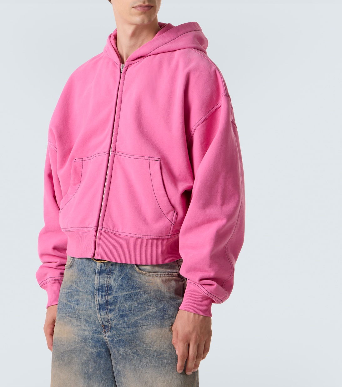 Толстовка с капюшоном из хлопкового флиса с вышивкой на молнии Acne Studios, розовый — фото 3