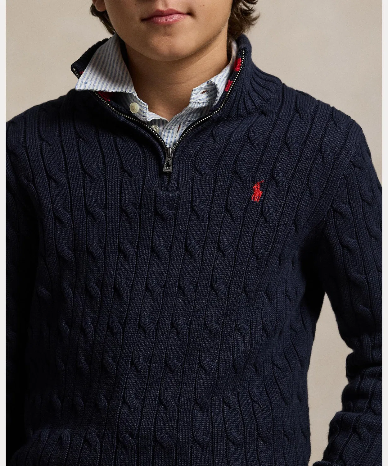 Свитер с косами хлопковый Polo Ralph Lauren с четверть-застежкой, темно-синий — фото 3