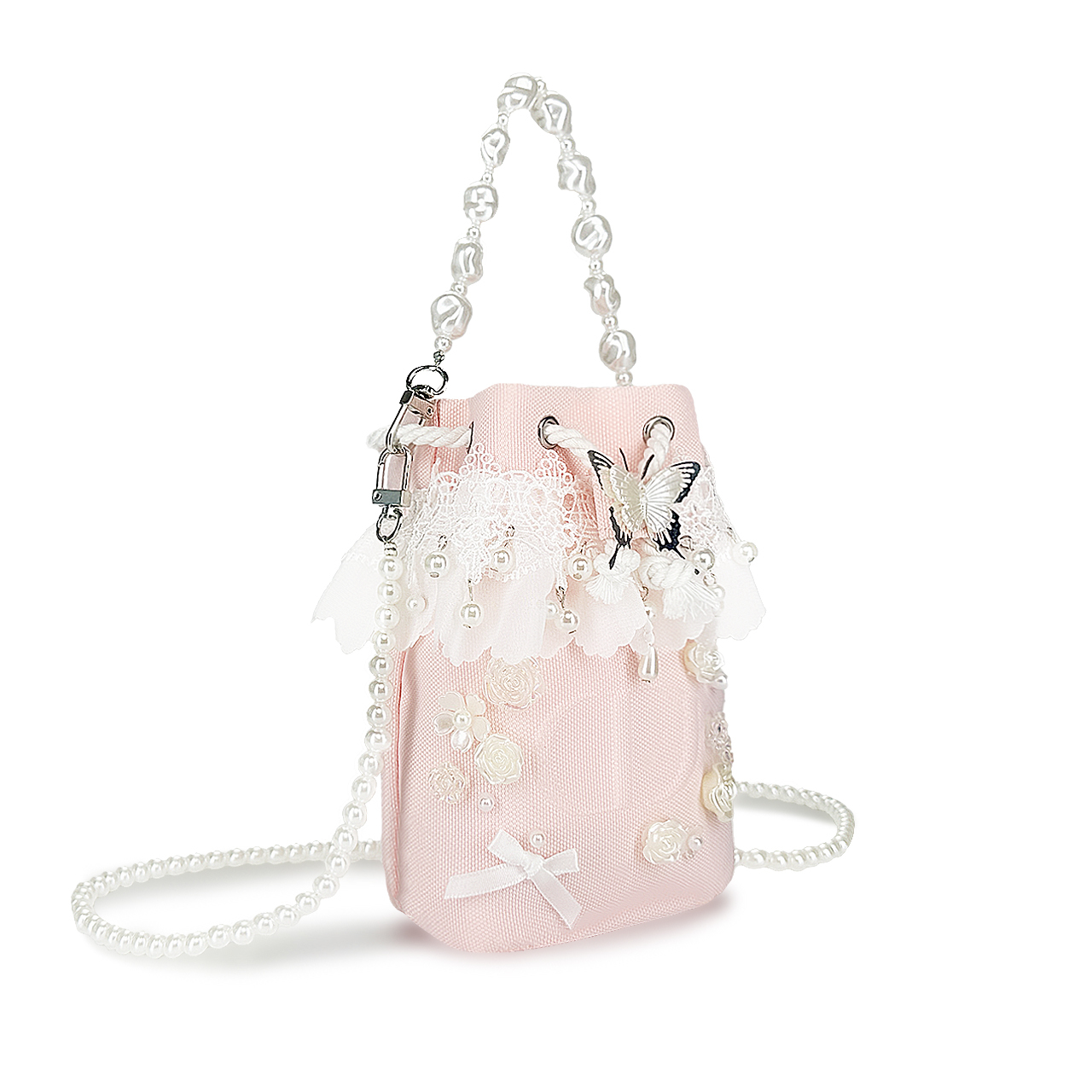 Косметичка Dior с кружевом, жемчугом и декоративной бабочкой, розовый + коробка — фото 4