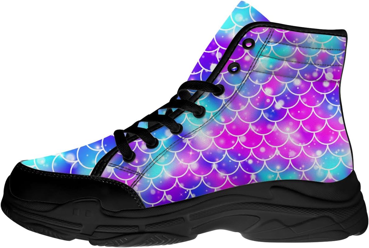 

Женские высокие кеды с мерцающими чешуйками русалки, шнуровка, 3D принт на холщовой ткани, подарки для нее и для него Quorax, сиреневый