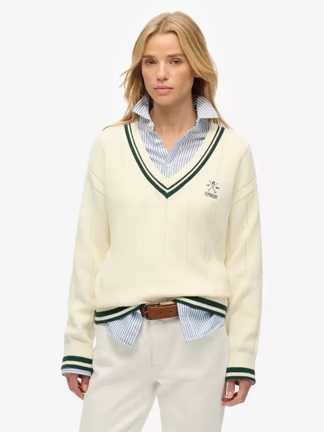 Вязаный джемпер с косами от крикетного клуба Superdry, Off White