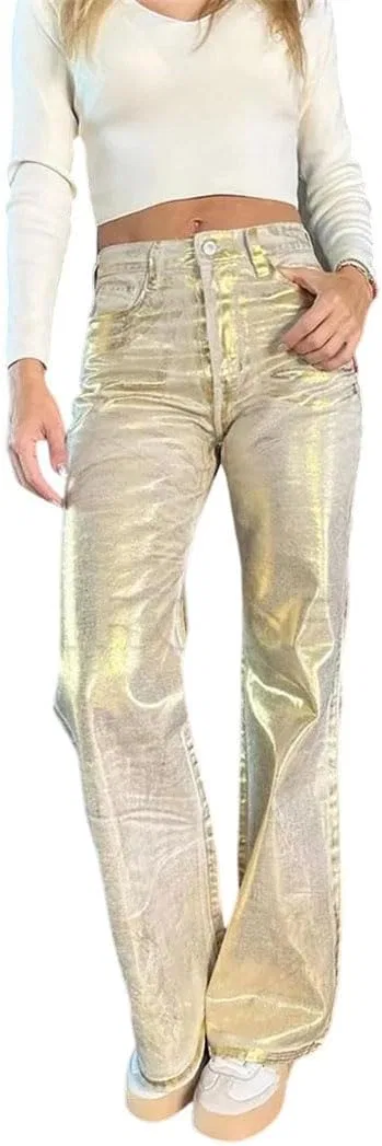 Джинсы металлик Gold, Women High Waist Loose Wide Leg