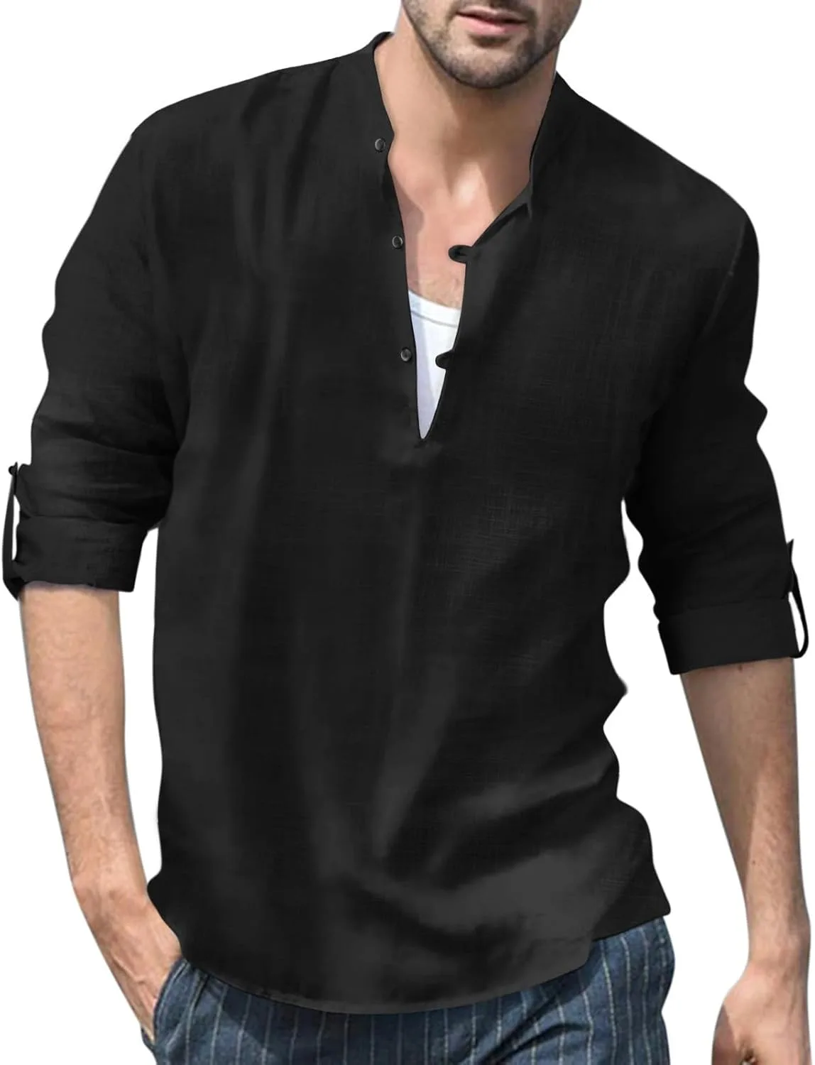 

Мужская хлопковая льняная футболка-хенли с длинным рукавом, S-2XL