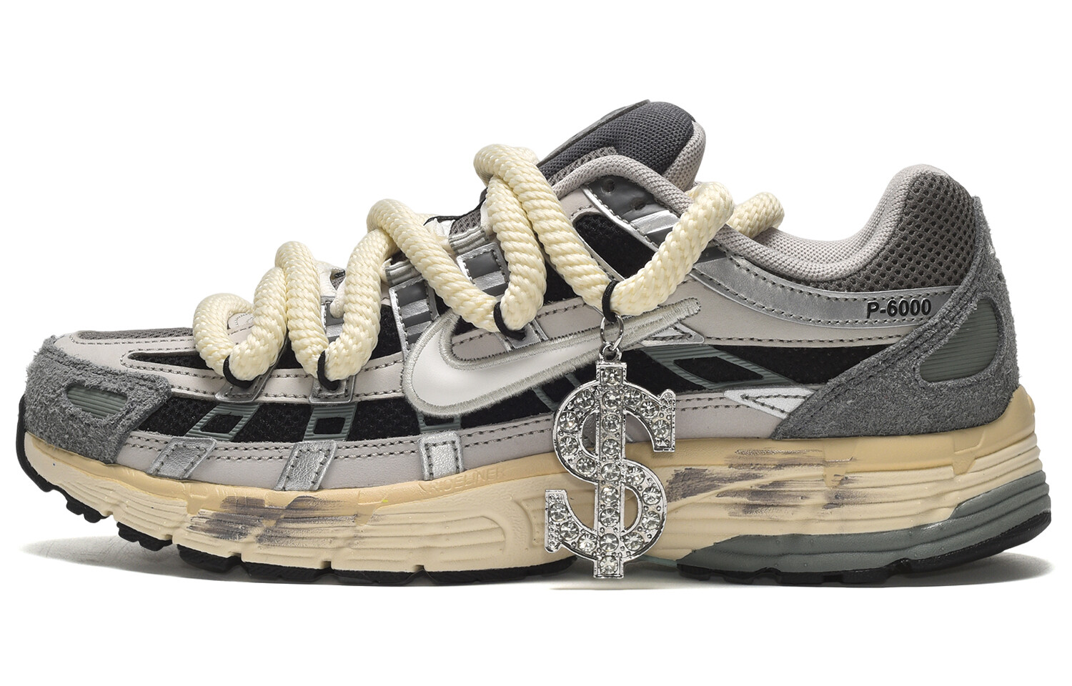 

Nike P-6000 CUS ID 解构风 告白 Young Money 低帮 跑步鞋 男女同款 黑白灰, Black/White/Gray
