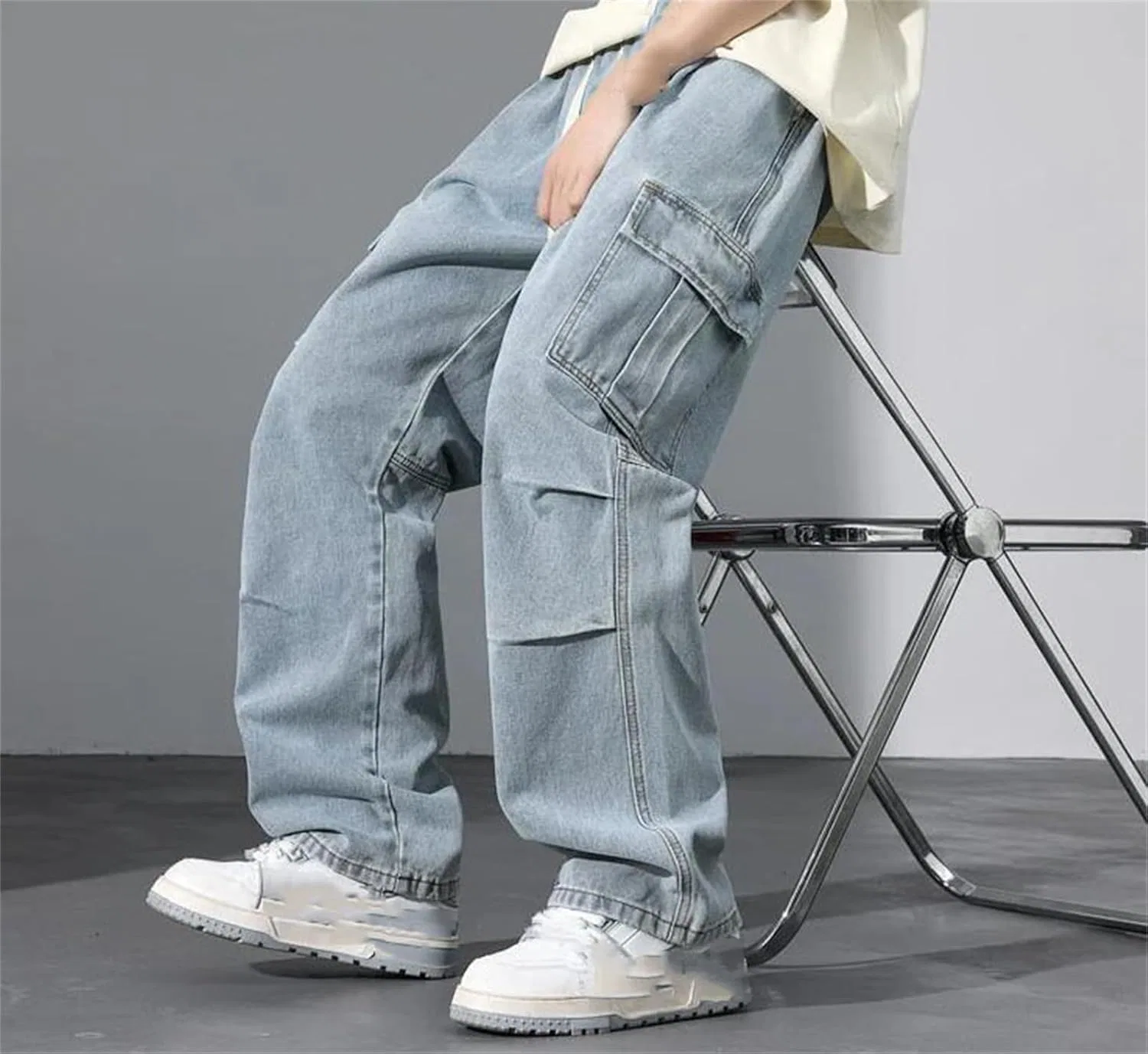 Джинсы свободные Men's Large Pocket Baggy Jeans Classic Straight Denim Trousers with Streetwear Elastic Waist, синие — фото 3