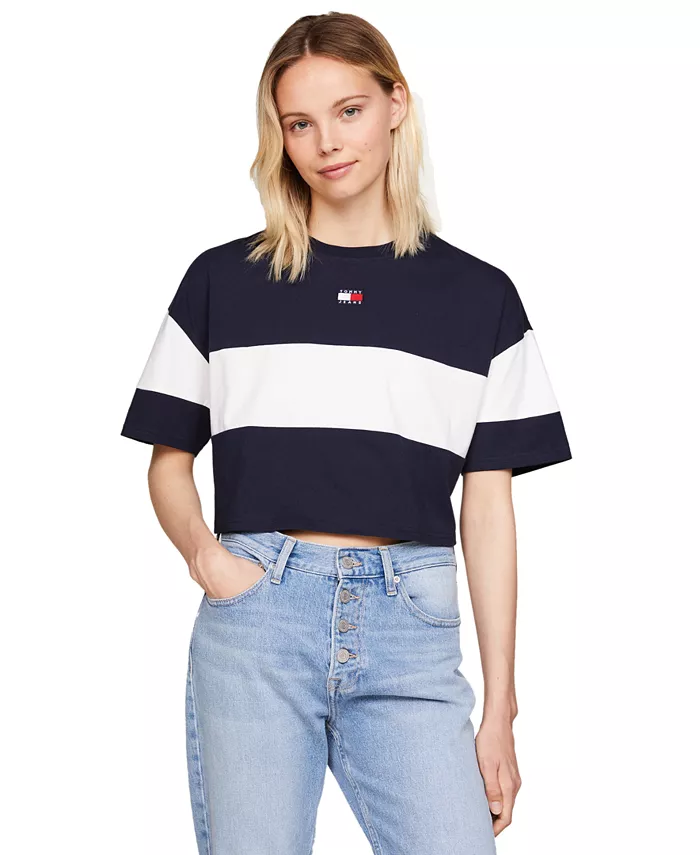 

Женская укороченная футболка из хлопка с цветными блоками Tommy Jeans, мультиколор