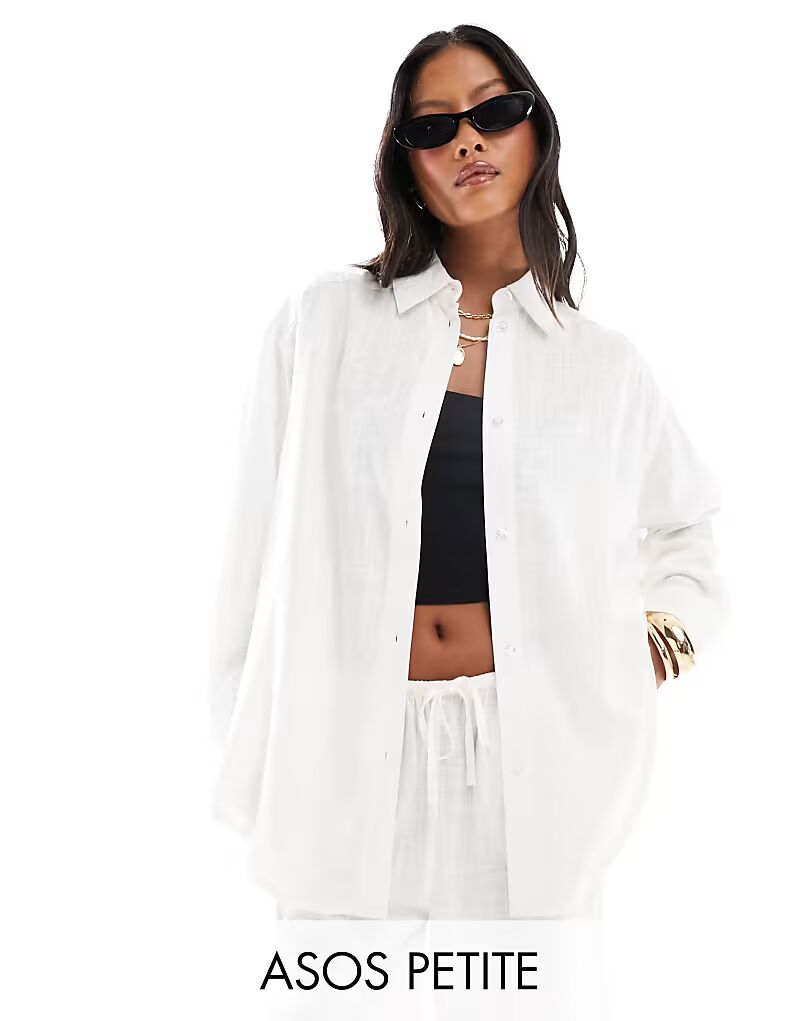 

ASOS DESIGN Petite рубашка свободного кроя белого цвета с добавлением льна, коорд ASOS Petite