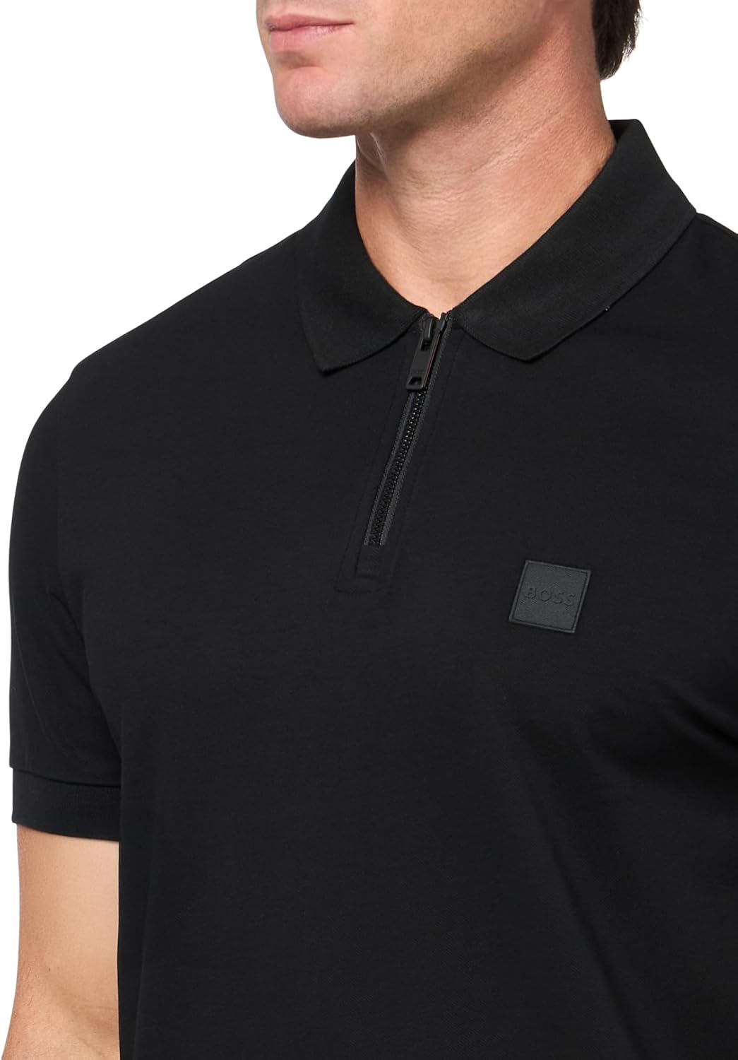 BOSS мужская поло с логотипом на заплатке и молнией, Black Carbon — фото 3