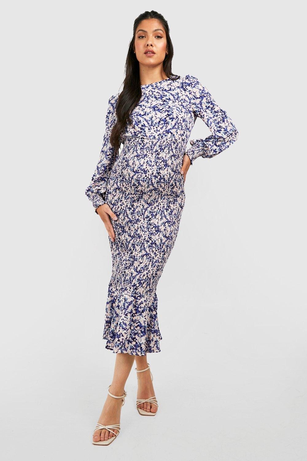 

Платье миди с цветочным принтом и оборками по подолу для беременных boohoo, белый