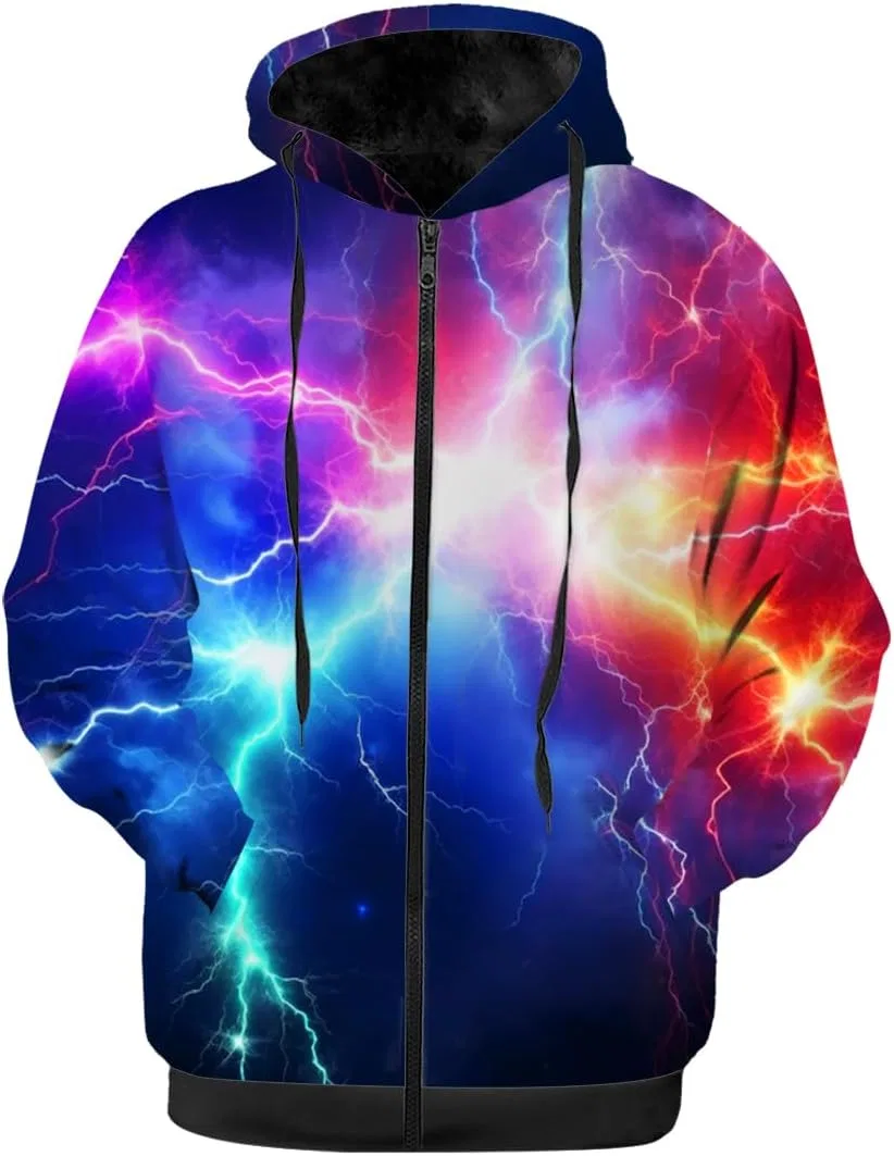 Мужская зимняя куртка Lightning, черная, с 3D-принтом, на флисовой подкладке, на молнии, теплая толстовка-пальто
