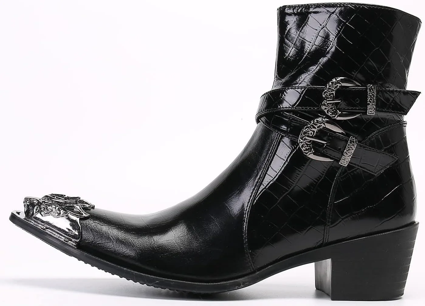 

Мужские ботинки Santimon, повседневные, для вечеринок, диско, среднего верха, вестерн, с металлическим носком, из натуральной кожи, с пряжкой, челси, для бальных танцев, рок-певца, выпускного, свадьбы, ковбойские ботинки, черный