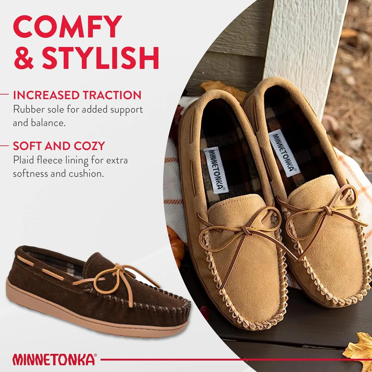 Мужские мокасины Minnetonka с клетчатой ​​подкладкой и жесткой подошвой. Верх из замши, резиновая подошва, мягкая внутренняя отделка, флисовая подкладка, кожаные шнурки и традиционный дизайн мокасин, Chocolate — фото 4