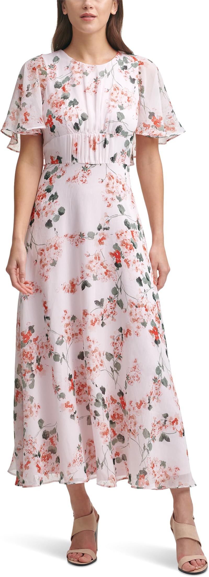 

Платье Calvin Klein Midi Chiffon Dress with Flutter Sleeves, цвет Blsh Multi