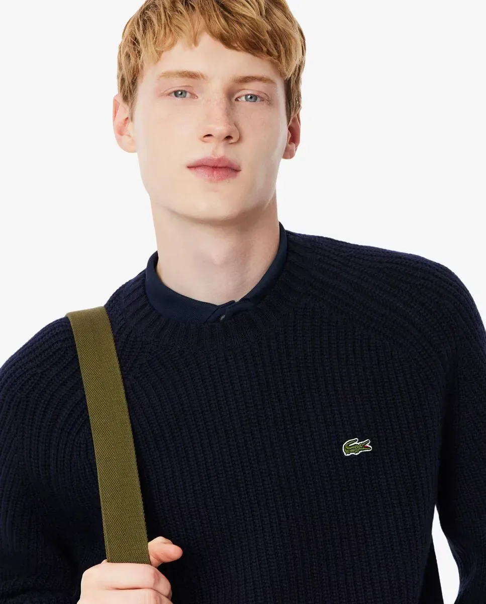 Мужской свитер с круглым вырезом из толстой кардной шерсти Lacoste, черный — фото 3