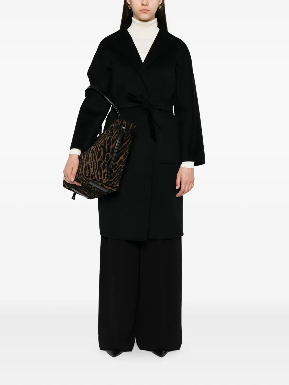 Кашемировое пальто с запахом и поясом MAX MARA, черный — фото 2