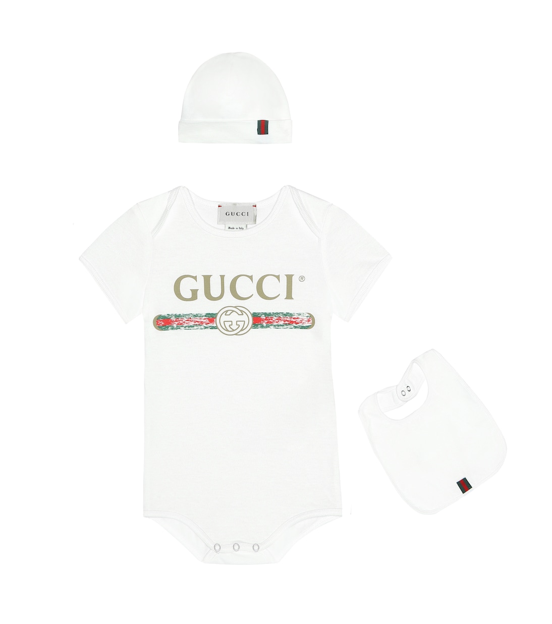 

Комплект из хлопкового боди, нагрудника и шапочки Gucci Kids, белый