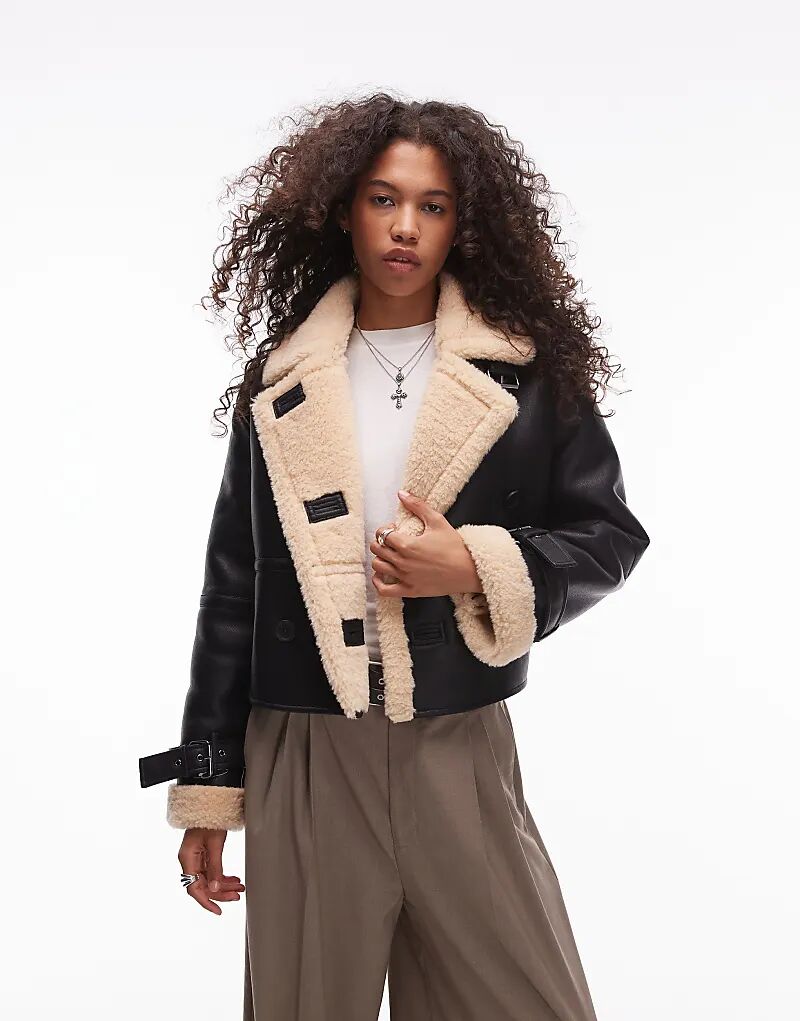 

Укороченная куртка-авиатор из искусственной овчины борг черного цвета Topshop