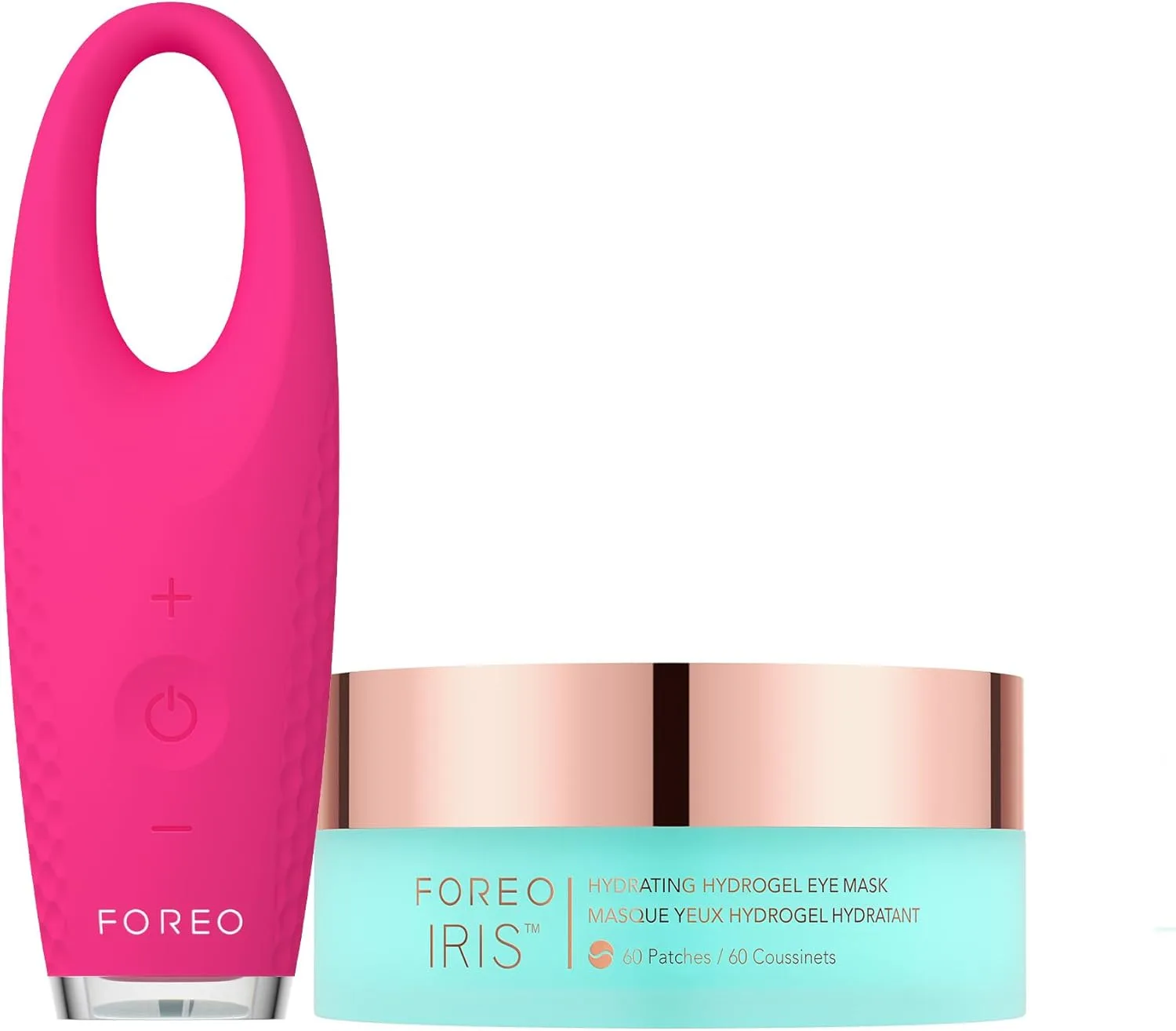 Foreo Eye Revive Iris 2 набор: лимфодренажный массажер для глаз Iris, увлажняющая гидрогелевая маска для глаз, 60 шт, средство от темных кругов и мешков под глазами, уменьшение отечности, цвет fuchsia, Magenta
