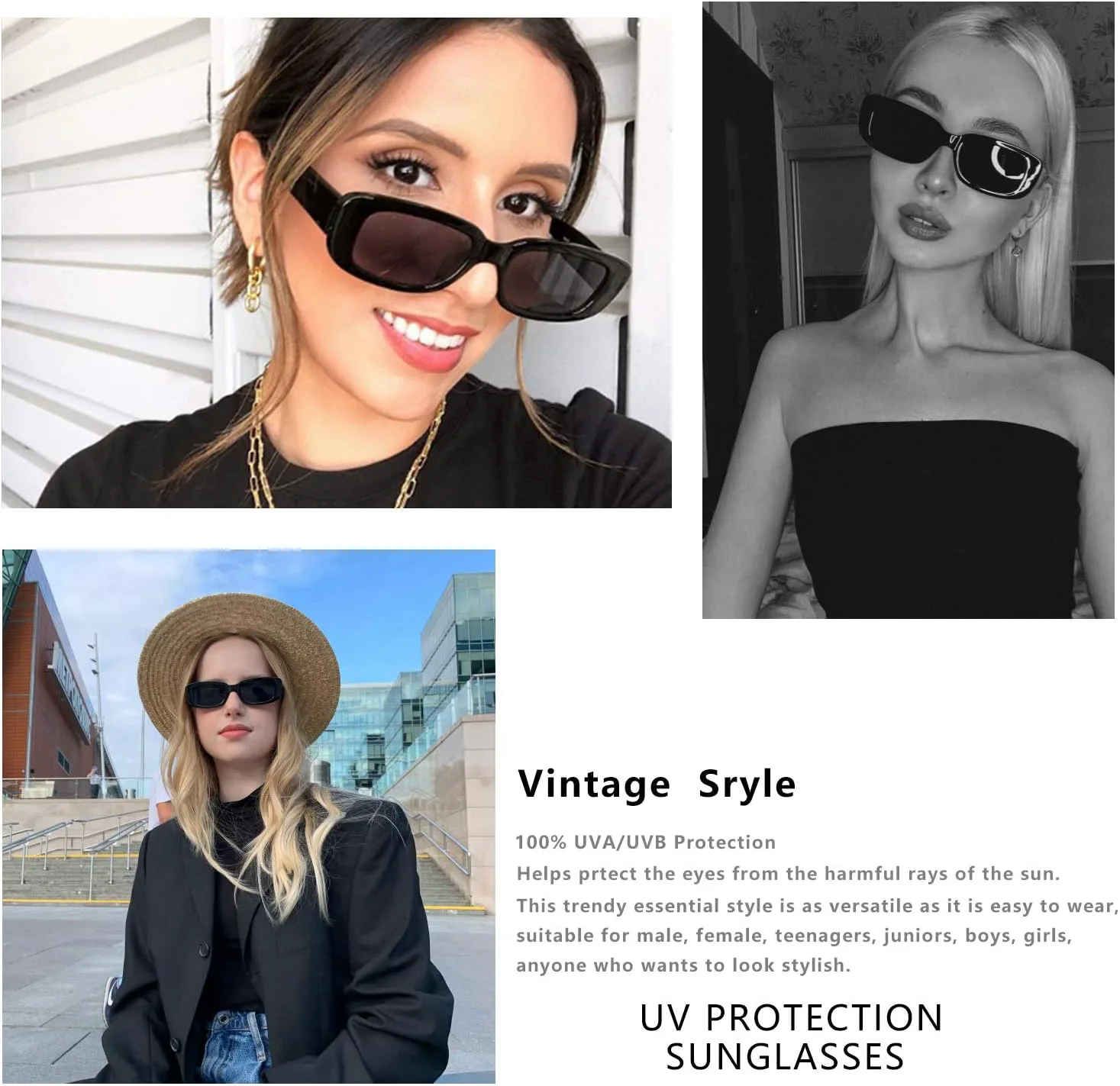 

Солнцезащитные очки KUGUAOK в стиле ретро, ​​прямоугольные, для женщин и мужчин, винтажные, маленькие квадратные, с защитой от УФ-излучения, 2pcs-black+white