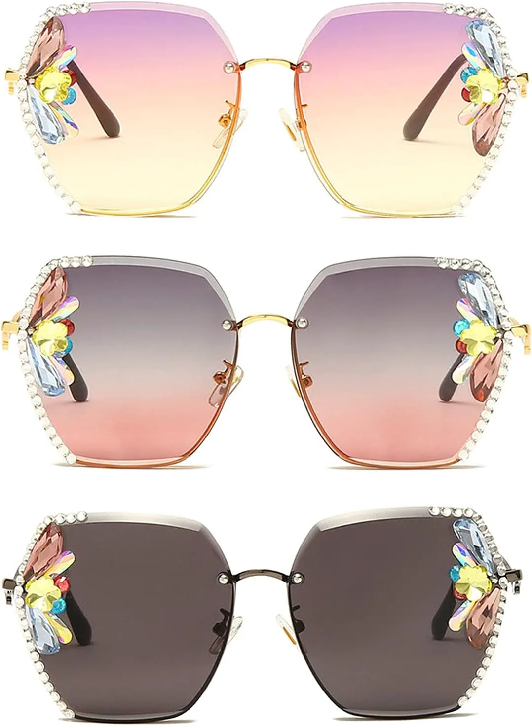 

COTIA Роскошные винтажные солнцезащитные очки без оправы со стразами и бриллиантами, модные для женщин и мужчин, с градиентными линзами, Purple Yellow&gray Pink&black