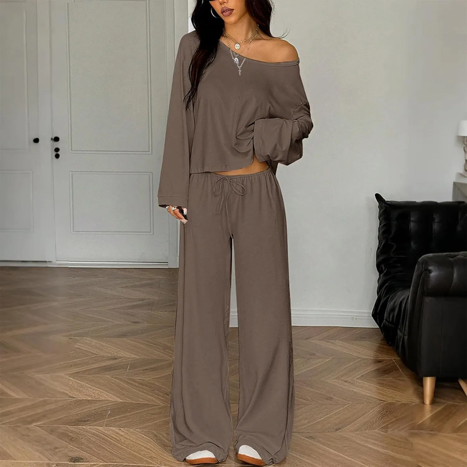 Комплект из свитера и широких брюк, Oversized, Camel — фото 2