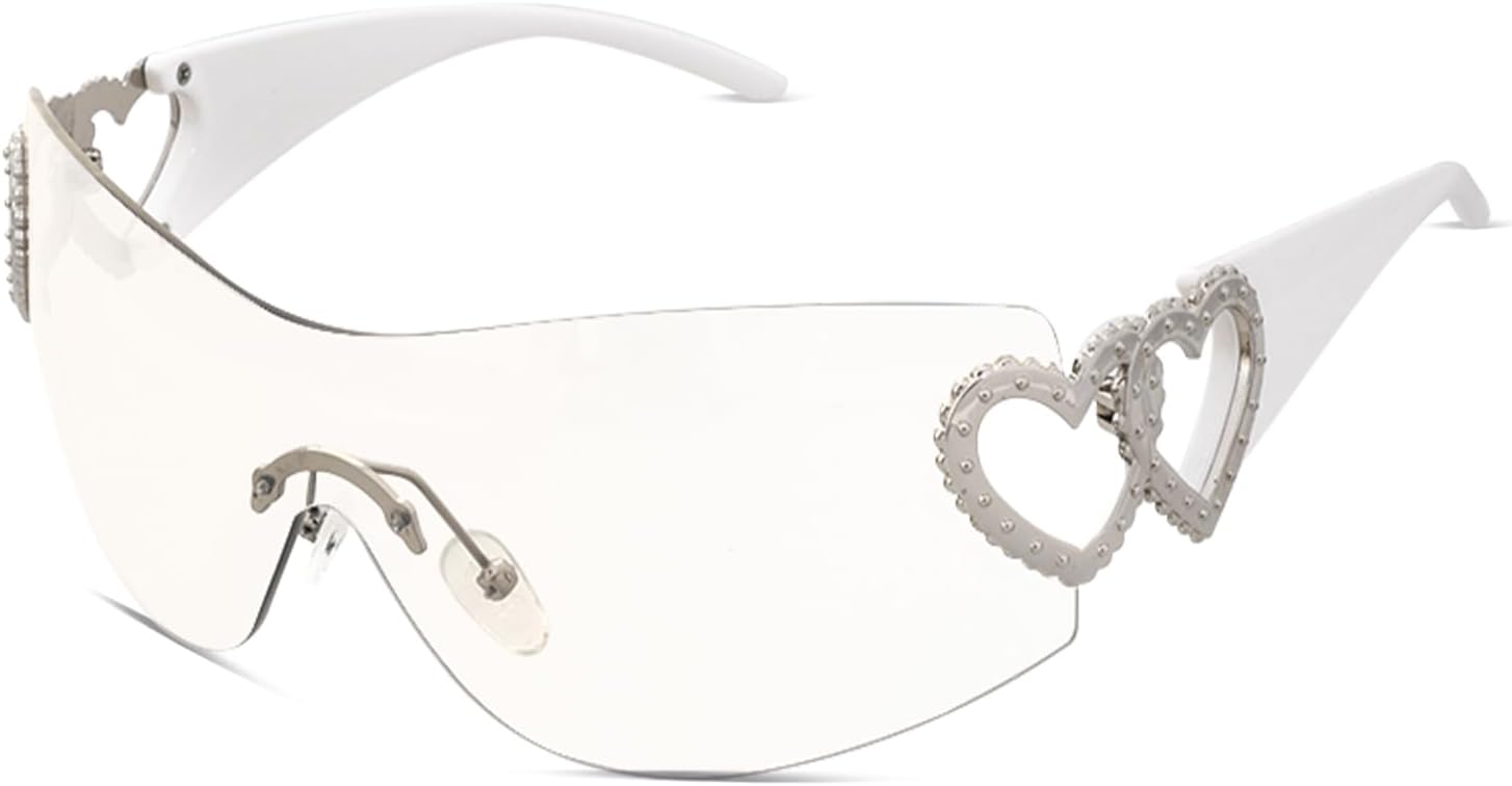

Солнцезащитные очки Y2K с обтекаемой оправой, модные, в форме щита, с серебристым сердечком, в стиле 2000-х, без оправы, для женщин и мужчин JTYKUYR, White Frame/Clear Lens