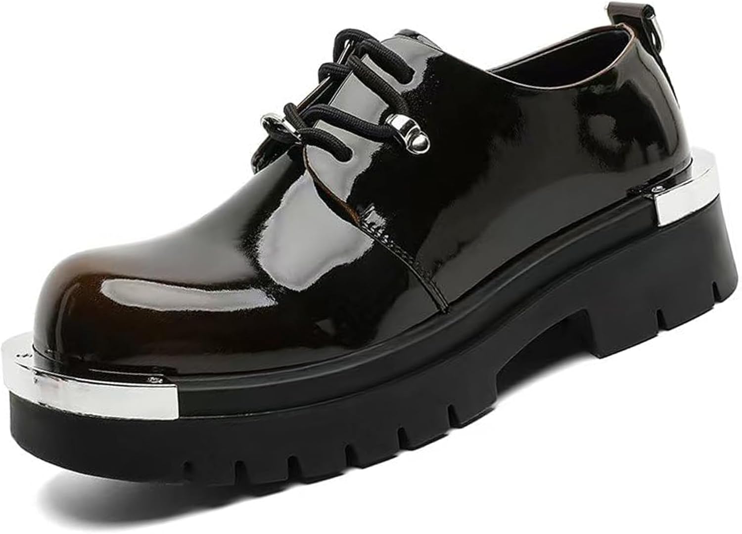 

Мужские оксфорды на платформе из лакированной кожи с градиентной металлической пластиной, широкий круглый носок, шнуровка, противоскользящая рельефная подошва, увеличенная высота, дерби, повседневные и деловые туфли Crazysavage, желтый