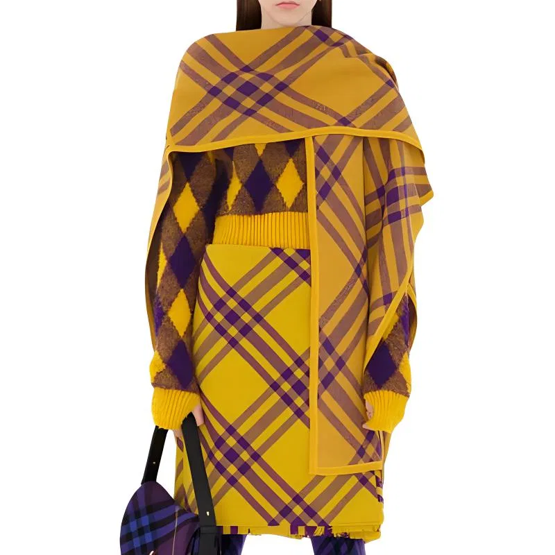 Пальто-накидка Burberry Check Wool, женское, желтое — фото 4