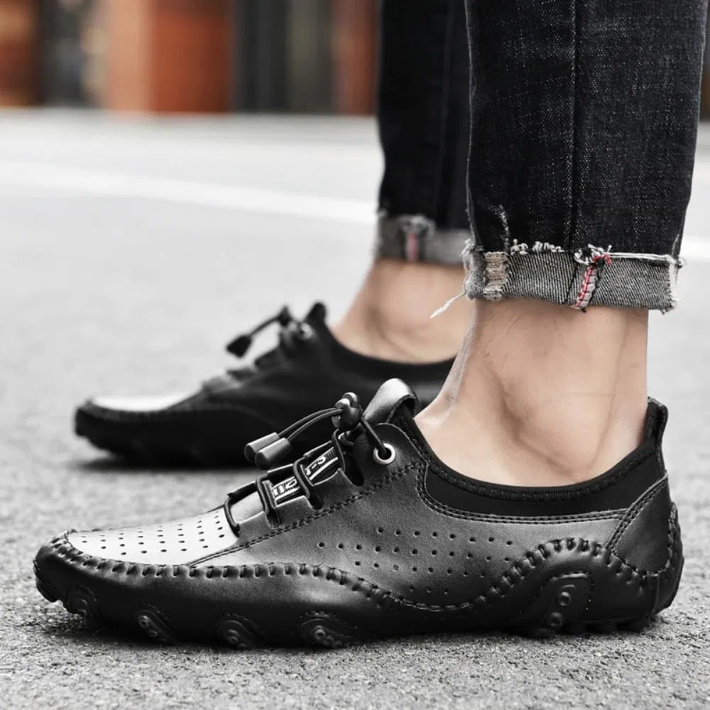 Мужские лоферы из кожи, Asifn, Hollow Leather Driving Loafers, черный — фото 3