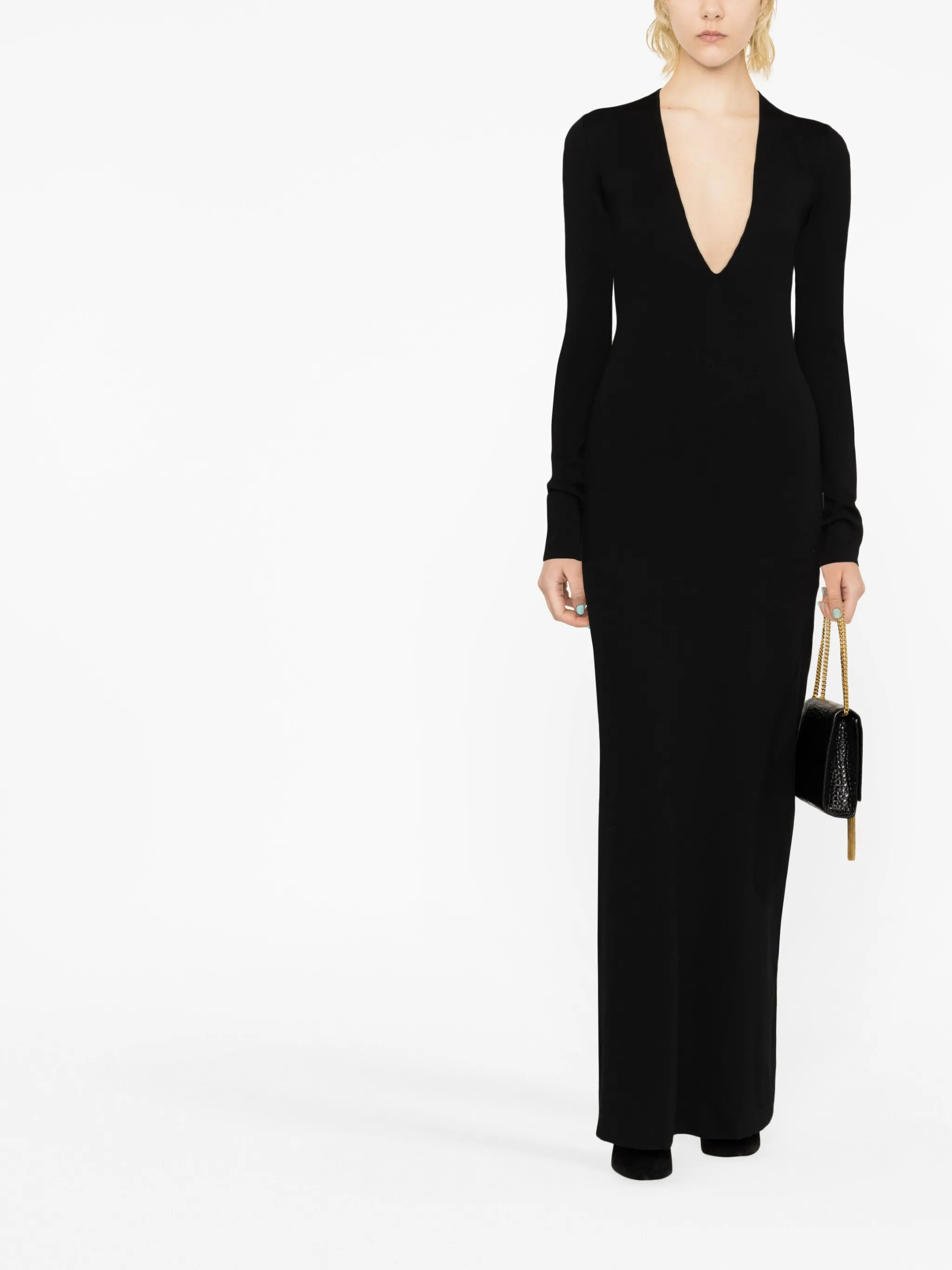 Шерстяное платье макси с глубоким вырезом Saint Laurent, черный — фото 2